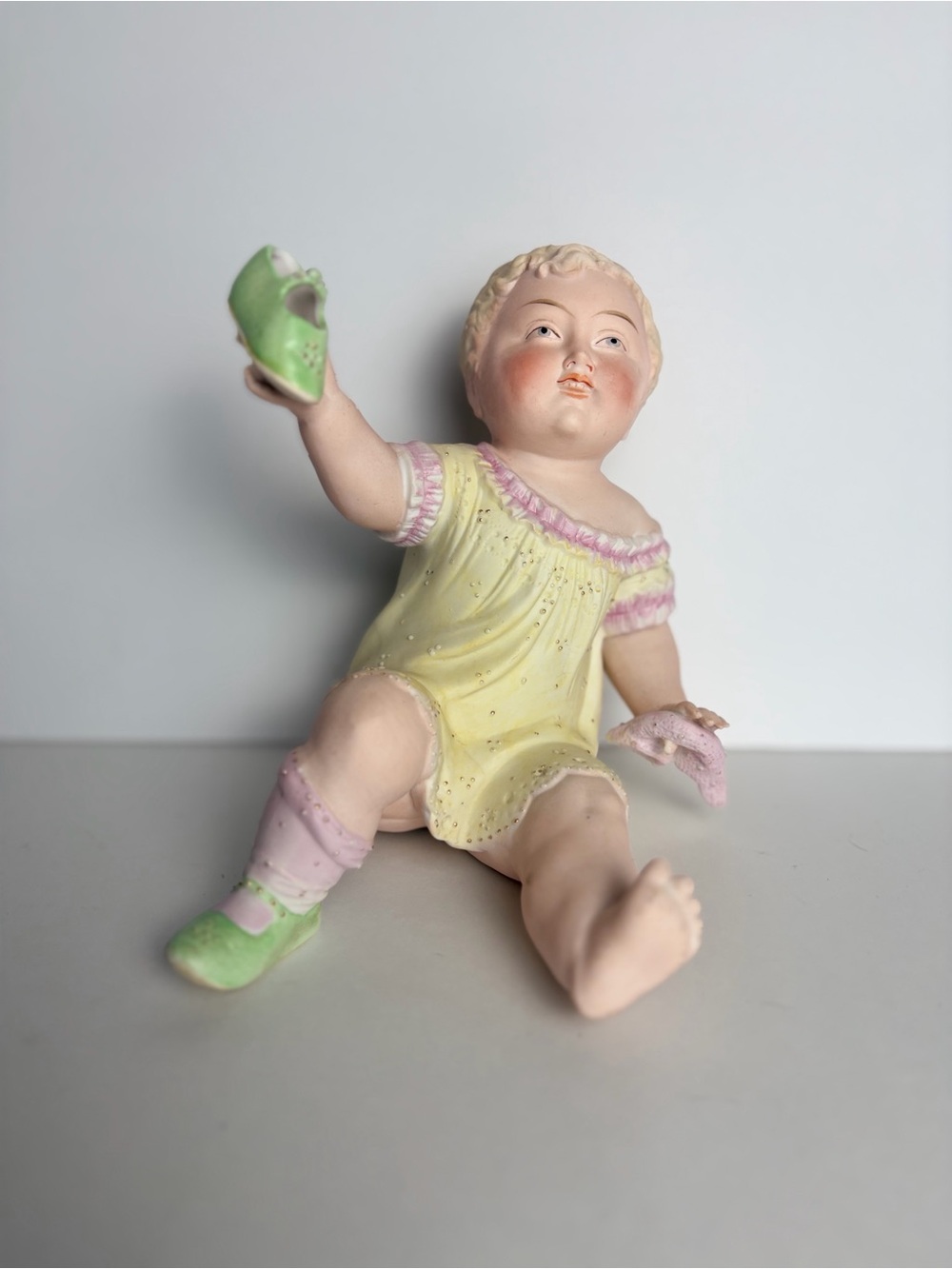 Vintage German Bisque Porcelain Piano Baby Boy Figurine With Shoe & Hat ~ 7”